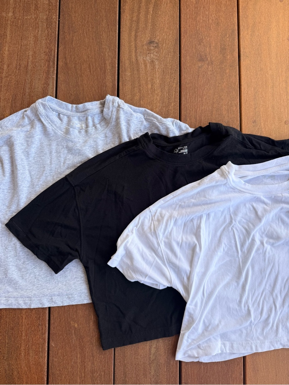 3 Aerie Cropped Crewneck T-Shirt Bundle - Black, White, Heather Gray